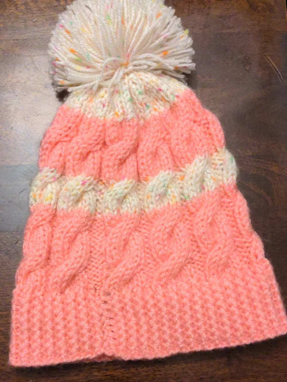 Handmade Kids Pom-Pom Cable Knit Beanie - Pink & Cream